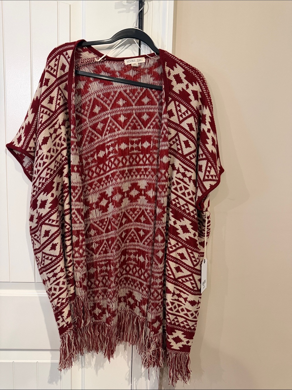 Double Zero Burgundy and Cream Geometric Knit Fringe Poncho